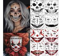 Skeleton Face Tattoo Halloween Cosplay Temporary Tattoo Stickers - Clown Horror Face Tattoos For Make Up - Large Size (A-10 Sheets)