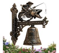 Skeleton Fisherman Wall Bell - Outdoor Gothic Decor, Vintage Man Cave Clapper with Heavy Duty Rope, Cast Iron Metal, Rustic Nautical Chime, for Garden Porch Home Farmhouse Cottage