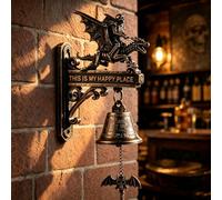Skeleton Fisherman Wall Bell, Skull Dragon Rider Bell - This Is My Happy Place WallBell, Vintage Flame Pattern Wall Bells for Bar Man Cave Front Door, Cool Biker Lovers Present