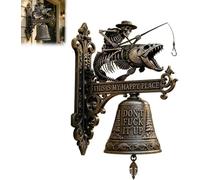 Skeleton Fisherman Wall Bell - “This is My Happy Place” Outdoor Décor, Retro Fishing Sculpture Wall Decor, Rustic Hanging Bell with Fish Clapper (Skeleton Fisherman)