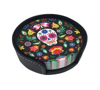 Skeleton Floral Cool Mexican Skull Coasters for Drinks Round Leather Coaster with Holder Set of 6 for Tabletop Protection Desk Accessories Office Home Room Decor