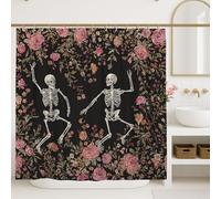 Skeleton Floral Shower Curtain, Black Background with Peach Roses, Halloween Autumn Home Décor, Vintage Style Waterproof Fabric Shower Curtain with Hooks 72x84 Inch