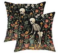 Skeleton Garden Pillow Covers Set of 2, Black Floral Design Throw Pillow Cases, Autumn Decorative Square Home Decor for Sofa Bed Couch 16x16 Inch