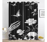 Skeleton Gothic Blackout Curtains for Bedroom, Balck White Flowers Long Curtain 90 Inch Drop 12 Panels, Day of the Dead Curtain for Living Room, Window Curtains with Eyelet Wc712