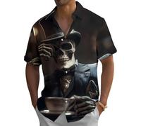 Skeleton Graphic Button Shirts for Men Horror Nights Halloween Hawaiian Shirt Skull & Bones Retro Tops Party Trip Work Black