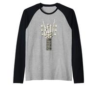 Skeleton Guitar Hand Rock On Guitarist Rock Band Music Raglan Baseball Tee