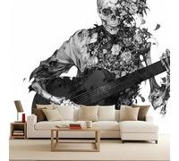 Skeleton Guitar Wallpaper Mural Music Flowers Photo Wallpaper Skeleton Guitar 3D Wall Mural 400x280cm Non-Woven Premium Art Print Decoration Poster Picture for Living Room Bedroom TV Backdrop