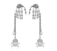 Skeleton Hand Bone Stud Gothic Punk Earring for Women Men Vintage Ancient Silver Long Tassel Chain Skull Pirate Dangle Drop Earrings Hip Hop Halloween Jewelry Spooky Scary Costume Party Accessories