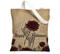 Skeleton Hand Canvas Tote Bag for Women, Gothic Vintage Rose Text Halloween Red Market Tote Bag Ideas for Outdoor Travel Workday Reading 13x15 Inch