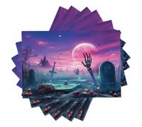 Skeleton Hand Full Moon Graveyard Placemats 45x30cm Set of 4 | Psychedelic Halloween Washable and Waterproof Placemats for Halloween Party Kitchen Dining Decoration, Purple