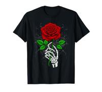 Skeleton Hand Holding Stem Flower Graphic Design Red Rose T-Shirt