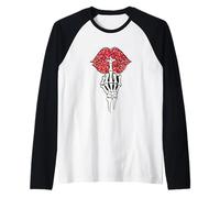 Skeleton Hand Middle Finger Over Red Lips Women's Halloween Raglan Baseball Tee