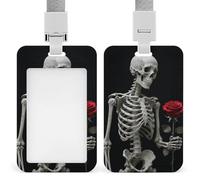 Skeleton Holding A Red Rose Badge Holder Vertical ID Badge Holder with Lanyard, Durable ABS Plastic - Waterproof Name Tag for Office, Teacher& Nurses