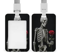 Skeleton Holding A Red Rose Badge Holder with Lanyard Fashion ID Card Holder Exquisite Window Vertical Card Protector Case Plastic Badge Reel Holders for Nurse Teacher Worker Office