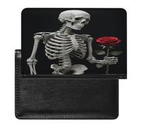 Skeleton Holding A Red Rose Passport Holder PU Leather Passport Wallet Cute Passport Cover Case Portable Credit Card Organizer Beautiful Travel Document Organizer for Women Men