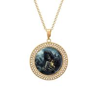 Skeleton Holding Aces-of-Spades Shiny Diamond Necklace for Women Personalized Round Pendant Chain Jewel Gift