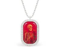 Skeleton Holding Heart with Roses Rectangle Pendant Necklace Silver Women Jewelry Alloy Keychain Tag Jewelry