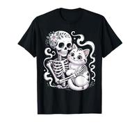 Skeleton Hugging Cat Floral Halloween Cats Lover Family T-Shirt