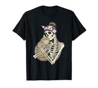 Skeleton Hugging Cat Halloween Skull Mom Messy Bun Mama T-Shirt