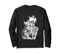 Skeleton Hugging Cat Lover Funny Halloween Skull Long Sleeve T-Shirt