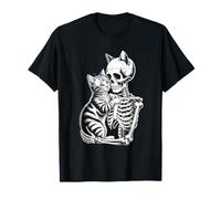 Skeleton Hugging Cat Lover Funny Halloween Skull T-Shirt