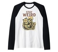 Skeleton Hugging Opossum Stay Weird Vintage Humor Possum Raglan Baseball Tee