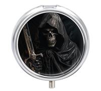 Skeleton in Robe Pill Box 3-Compartment Travel Pill Organizer Portable Round Medicine Case with Mirror Design for Vitamins, Jewelry & Essentials Durable Pocket Pillbox for Purse, Camping