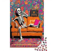 Skeleton Leaning on The Leather Sofa, Listening to Music Happily Jigsaw Puzzles Challenge Toy Educational Games Home Decoration for Adults& Teenager Age 14 Years Up 38x26cm/1000pcs