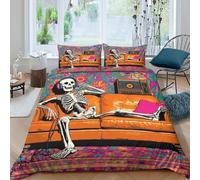 Skeleton Leaning on The Leather Sofa, Listening to Music Happily Printed Comforter Cover Set 3D Print Quilt Covers Microfibre Bedding 3 Pcs Set with Pillow Case for Kids Teens Adults Double（200x200cm