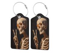 Skeleton Making The Peace Sign Luggage Tag for Suitcase 2 Pack Leather Luggage Tag with Privacy Flap Name Id Label and Metal Loop for Women Men Travel