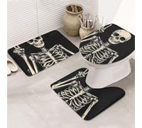 Skeleton Man Scissors Hands Print 3 Piece Bathroom Rugs Set, Bath Mat + Contour Mat + Toilet Seat Cover, Machine Washable Non-Slip Soft Microfiber Bathmat For Tub Shower Room Decor