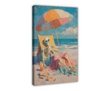 Skeleton Man Sunbathing on The Beach Canvas Poster Wall Art Decor Print Picture Paintings for Living Room Bedroom Decoration 16" L X 24" W