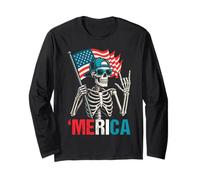 Skeleton Merica Rock American Flag Patriotic 4th Of July Long Sleeve T-Shirt