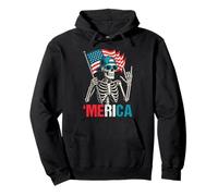 Skeleton Merica Rock American Flag Patriotic 4th Of July Pullover Hoodie