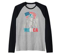 Skeleton Merica Rock American Flag Patriotic 4th Of July Raglan Baseball Tee
