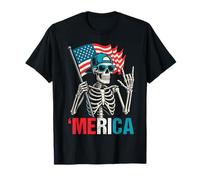 Skeleton Merica Rock American Flag Patriotic 4th Of July T-Shirt