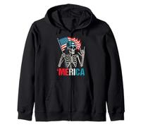 Skeleton Merica Rock American Flag Patriotic 4th Of July Zip Hoodie