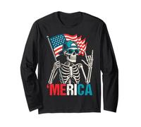 Skeleton Merica Rock American Flag Patriotic USA 4th Of July Long Sleeve T-Shirt