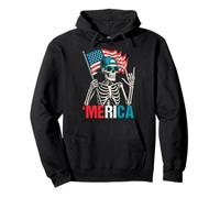 Skeleton Merica Rock American Flag Patriotic USA 4th Of July Pullover Hoodie
