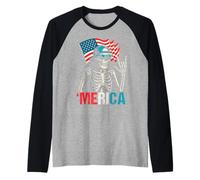 Skeleton Merica Rock American Flag Patriotic USA 4th Of July Raglan Baseball Tee