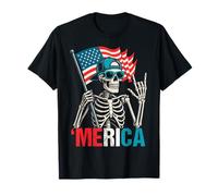 Skeleton Merica Rock American Flag Patriotic USA 4th Of July T-Shirt
