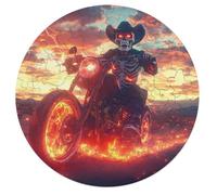 Skeleton Motorcross Fire Round Wooden Puzzle Letter on Back