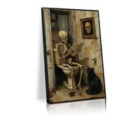 Skeleton mural on the toilet, skull picture, black cat canvas printing, interesting Halloween ghost bathroom decoration（L18 xW12-canvas）