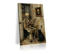 Skeleton mural on the toilet, skull picture, black cat canvas printing, interesting Halloween ghost bathroom decoration（L12 xW8-canvas）