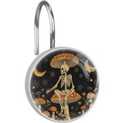 Skeleton Mushroom Moon Shower Hooks Rings Set of 12, Rust Proof Stainless Steel Decorative Hangers for Bathroom Shower Curtain Rod