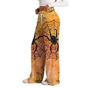 Skeleton Pants Women Halloween Pj Horror Soft Drawstring Wide Leg Pumpkin Y2K Gothic Elastic High Waist Long Bottoms Loose Fit Palazzo Comfy Pajama Pjs Loungewear with Pockets, Orange, XXL