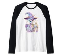 Skeleton Pastel Skull Witch Drinking Coffee Grunge Halloween Raglan Baseball Tee