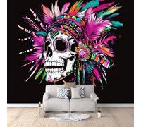 Skeleton Photo Wallpaper - Colorful Feather Flowers Wall Mural 150 × 105 cm / 59" × 41.3" - Non-Woven Premium 3D Art Print Wall Mural Decoration Poster Picture Design Modern