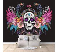 Skeleton Photo Wallpaper Day of The Dead Floral Skull Wall Mural Art Wallpaper, Non-Woven Wall Paper, Decoration Poster Picture Mural 200 × 140 cm / 78.7" × 55.1" for livingroom Bedroom