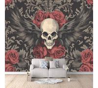 Skeleton Photo Wallpaper Gothic Floral Skull Wall Mural 400 × 280 cm / 157.4" × 110" Non-Woven Art Print Wall Mural 3D Photo Picture Wallpaper for Bedroom Living Room Decoration